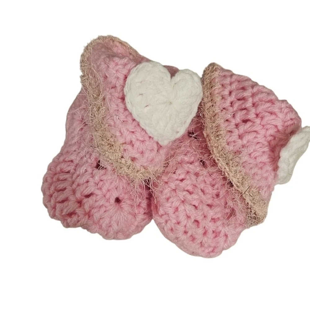 Hand Crochet Baby Booties Pink White Heart Valentine Granny Square Baby shoes 5
